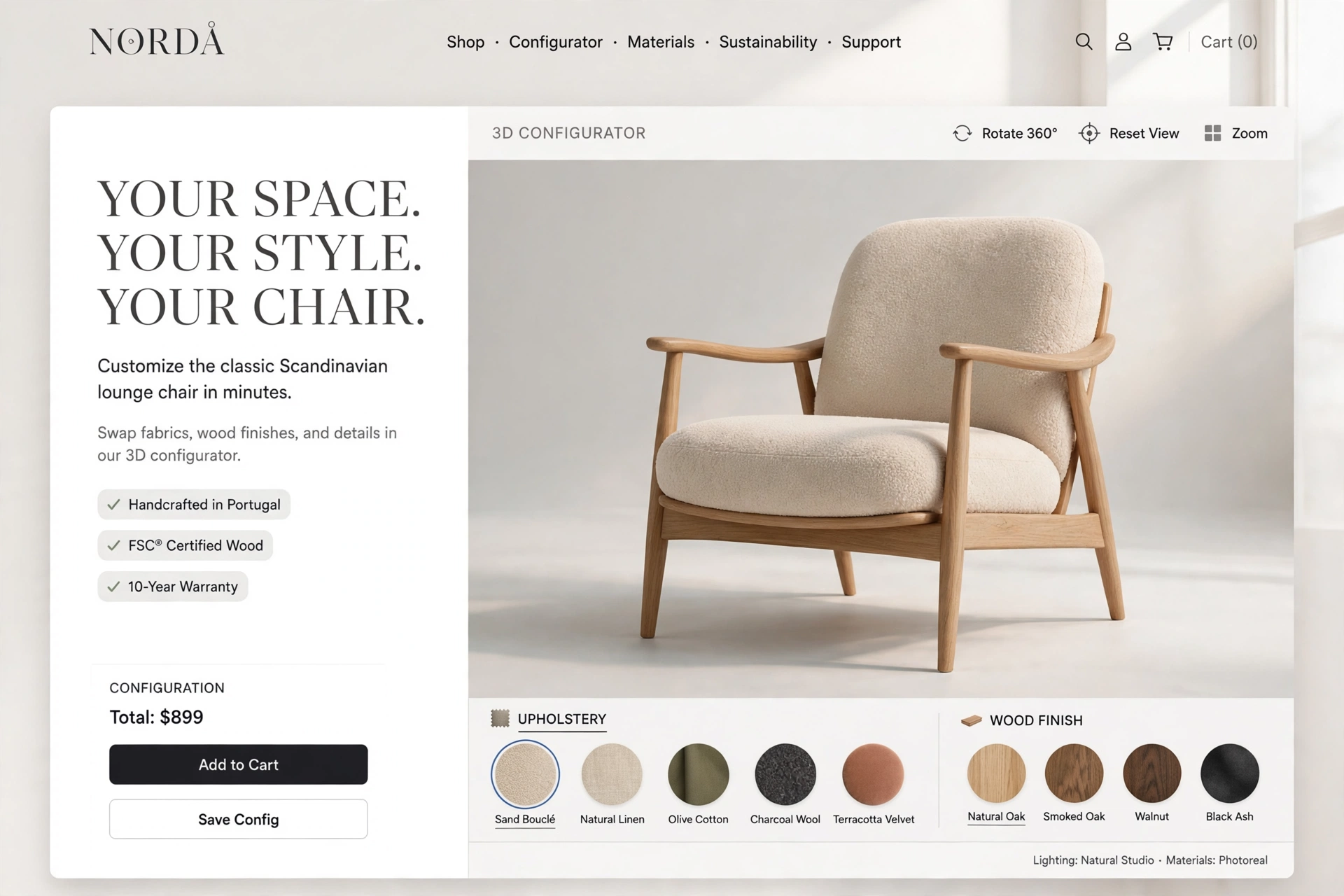 Furniture 3D configurator with upholstery and wood finish options