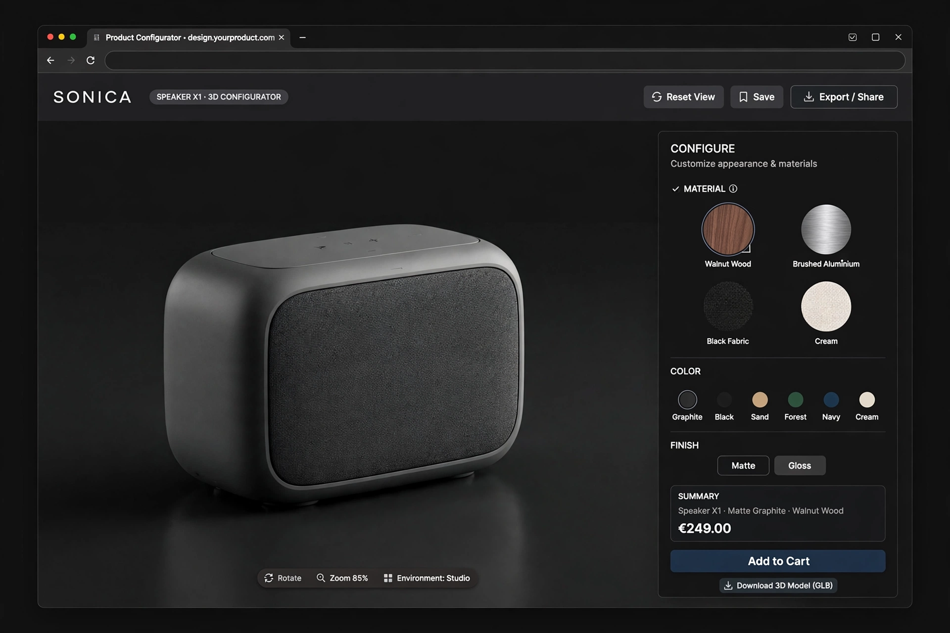 3D product configurator interface for a speaker, with material swatches