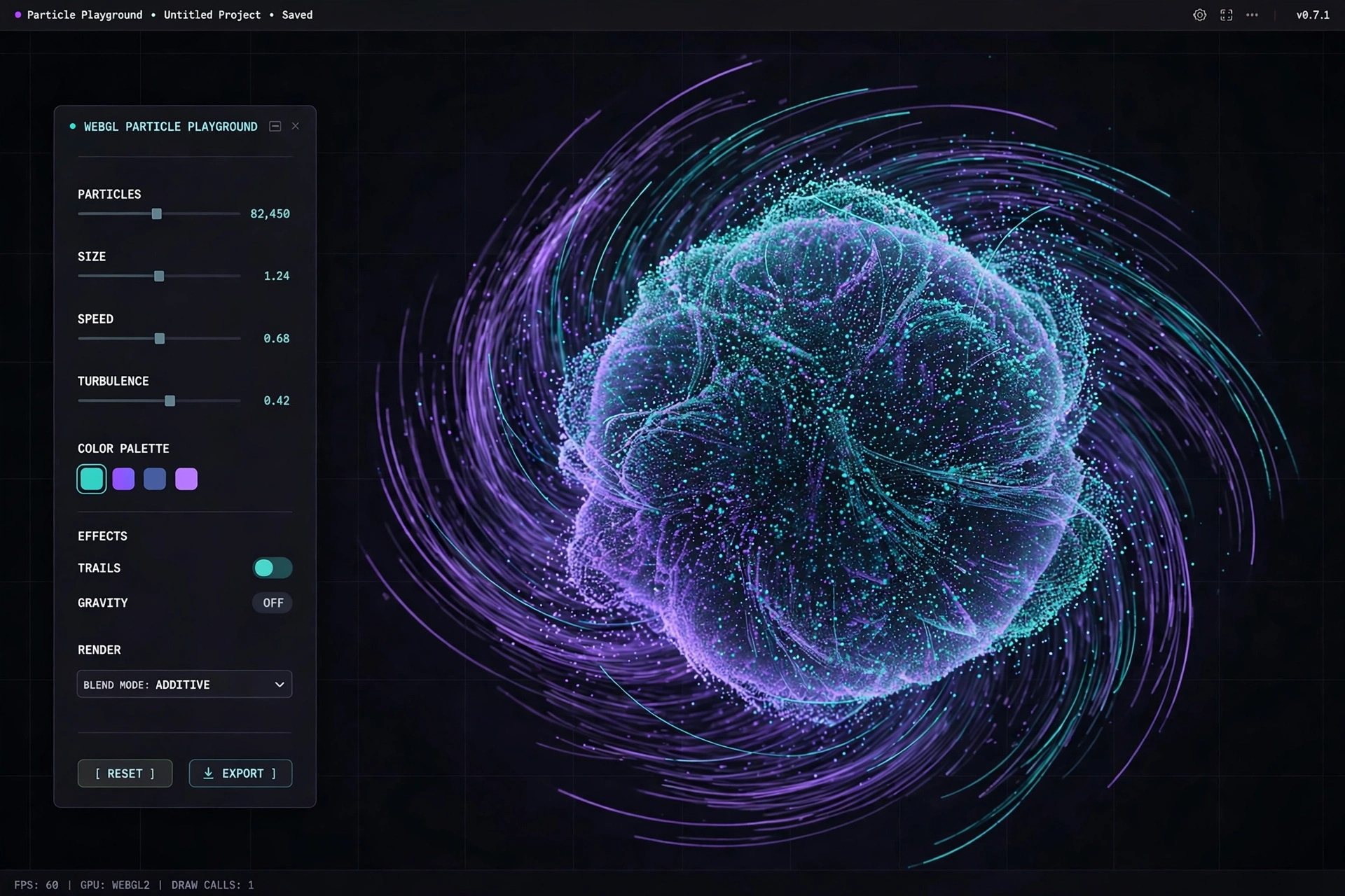 WebGL particle playground interface with 82,450 particles