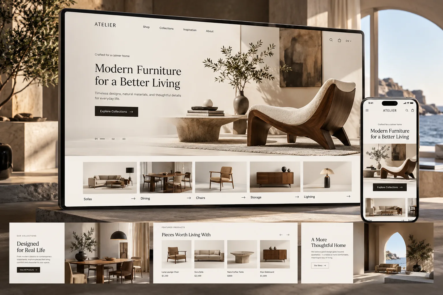ATELIER premium furniture e-commerce homepage on tablet and phone