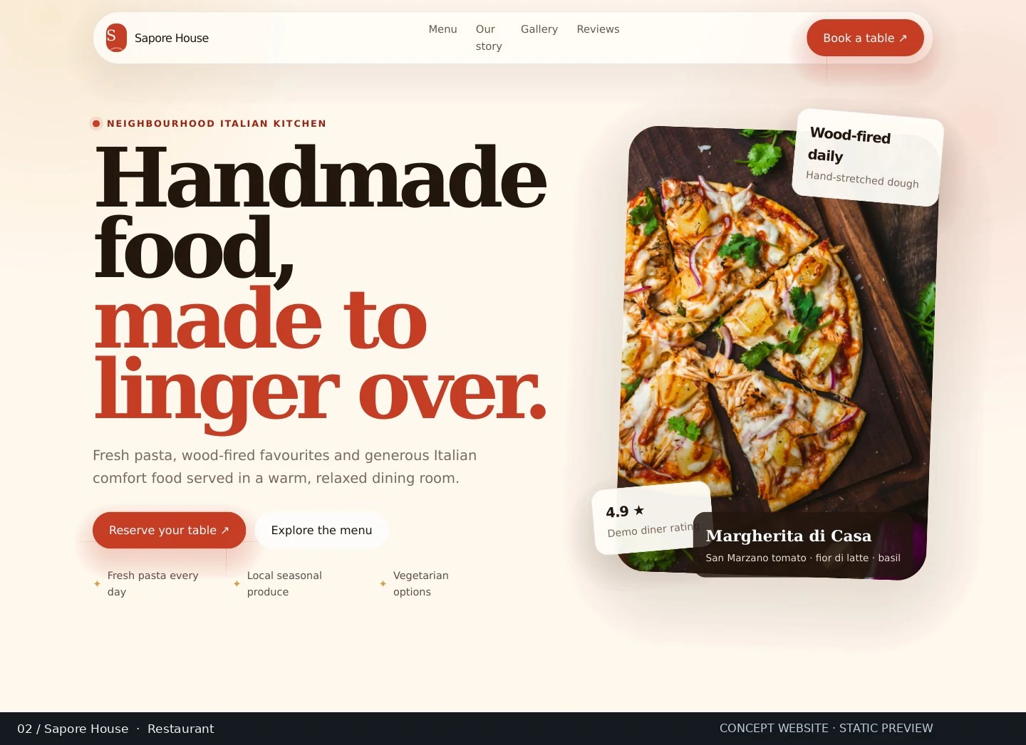 Sapore House restaurant website concept